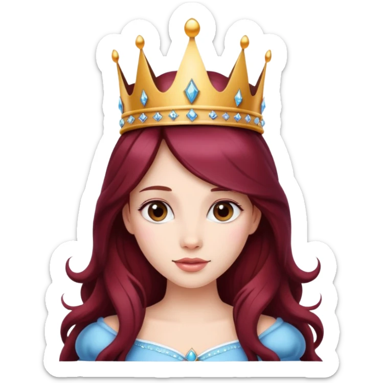 Beautiful long burgundy haired girl wearing a princess crown sticker