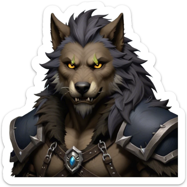 Cinematic Realistic WoW Worgen Portrait, depicted as a fearsome blend of man and beast, with rugged, dark fur intermingling with tanned, weathered skin. His piercing amber eyes and fierce expression are framed by disheveled hair and subtly detailed, worn leather attire in dark, consistent hues. Rendered with lifelike texture and dramatic, natural lighting, high shine, noble and formidable, capturing the primal nobility of a legendary worgen warrior. sticker