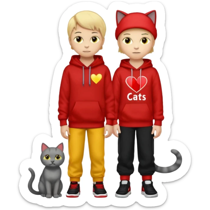 There is one 8 year old boy wearing a red and black hoodie say I heart cats he’s blond he has red Jordan’s and Hess wearing black pants he’s next to his only gray cat with yellow eyes  sticker