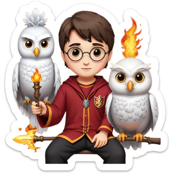harry potter in gryfinndor uniforn sitting on firebollt hedwig sitting on hand sticker