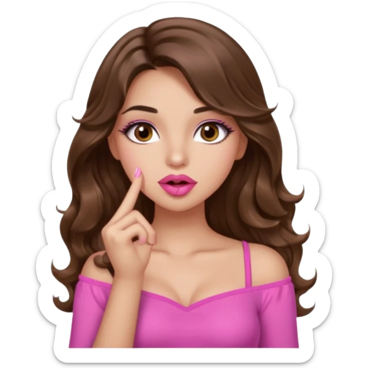 girl with long wavy brown hair, brown eyes, light to medium complexion, in a pink sexy top, pink lips, long lashes, shushing sticker