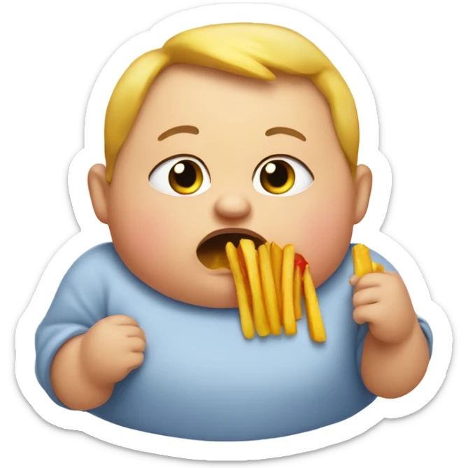 a fat baby eating a french fry with a disgusted face sticker