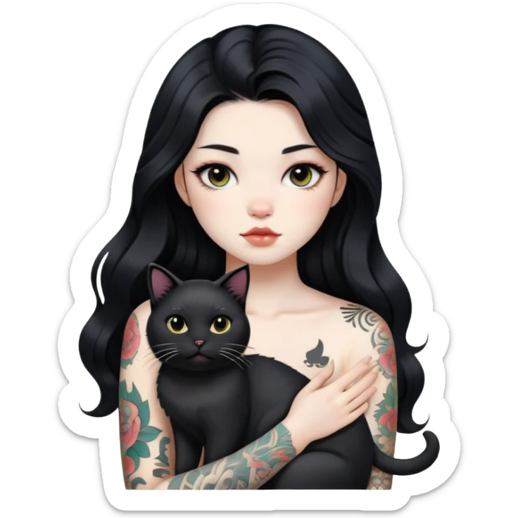 a Chinese girl with long black  Big Wave hair and tattoos and a black round faced cat sticker