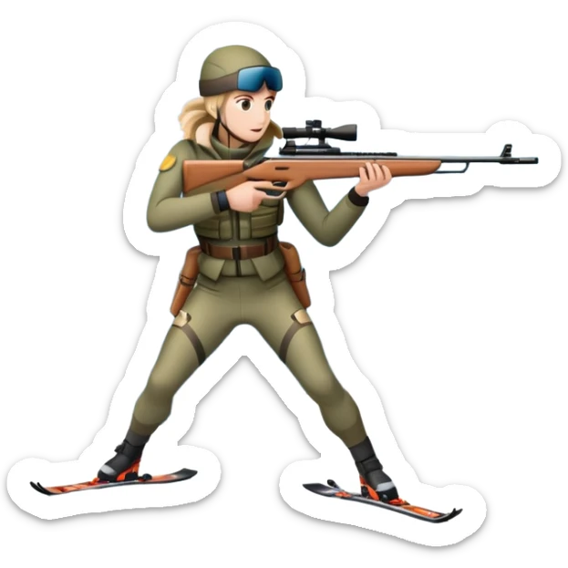 An icon showing a snowy landscape with pine trees, mountains, and a clear sky with a biathlete aiming a rifle in the foreground, wearing winter gear and skis. Transparent background emphasizes the precision, endurance, and beauty of this winter sport. sticker