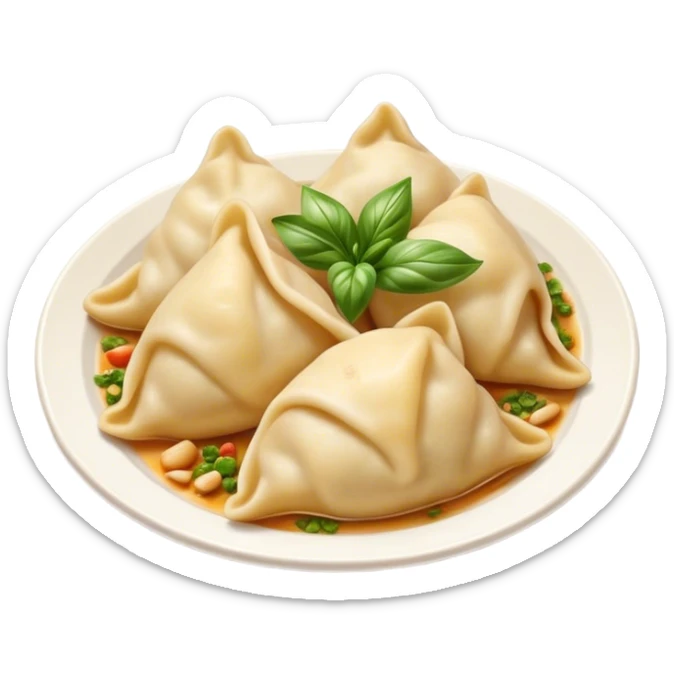 Cinematic Realistic Pierogi Dish Emoji, depicted as tender dumplings filled with savory ingredients rendered with lifelike textures and warm, inviting lighting. sticker