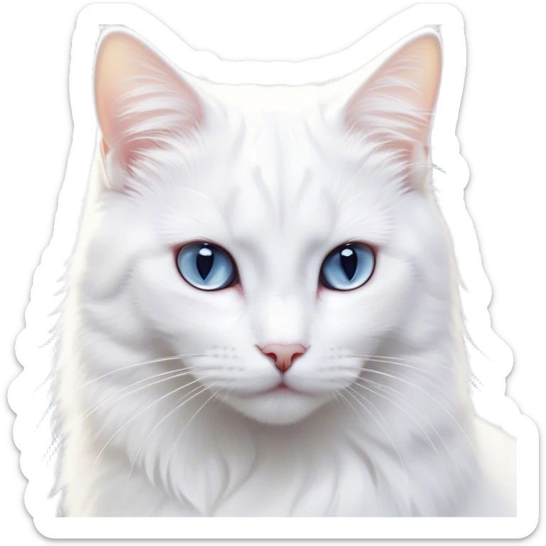 Cinematic Noble White Cat Portrait Emoji, Poised and stately, with a pristine, snow-white fur accented by delicate hints of silver, refined whiskers and a serene, focused gaze, simplified yet impeccably detailed, glowing with an ethereal radiance and timeless elegance, high shine, exuding calm intelligence and regal simplicity, soft glowing outline, capturing the essence of a noble white cat that radiates quiet majesty! sticker