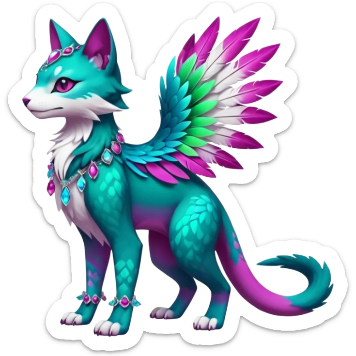 Kawaii cute colorful iridescent deep-dark-turquoise-green and magenta and white beautiful pretty elegant divine edgy feline-vernid-sergal-Fakémon-Pokémon-fursona-animal-creature with accessories, jewelries, full body, with intricate detailed markings, feathers, crystals sticker