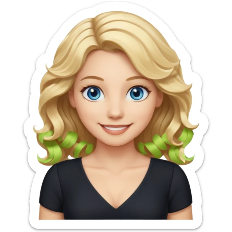 woman with blond wavy hair, tight black dress with a white line at the top, blue eyes, smiling sticker