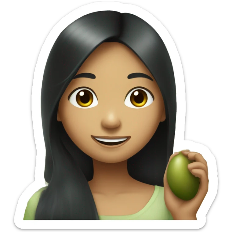 Philipino Girl smiling with long black hair holding a kiwi sticker