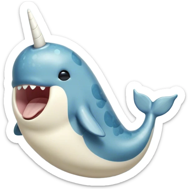 Cinematic Cute Yawning Narwhal Portrait Emoji, Head tilted slightly with a dramatic, wide-open yawn, showcasing a streamlined, mottled body with a gracefully curled ivory tusk and sleepy, half-closed eyes, Simplified yet irresistibly adorable features, highly detailed, glowing with a soft, cozy arctic glow, high shine, relaxed yet expressive, stylized with a hint of whimsical marine ease, soft glowing outline, capturing the essence of a drowsy yet affectionate narwhal that appears ready to stretch out for a nap! sticker