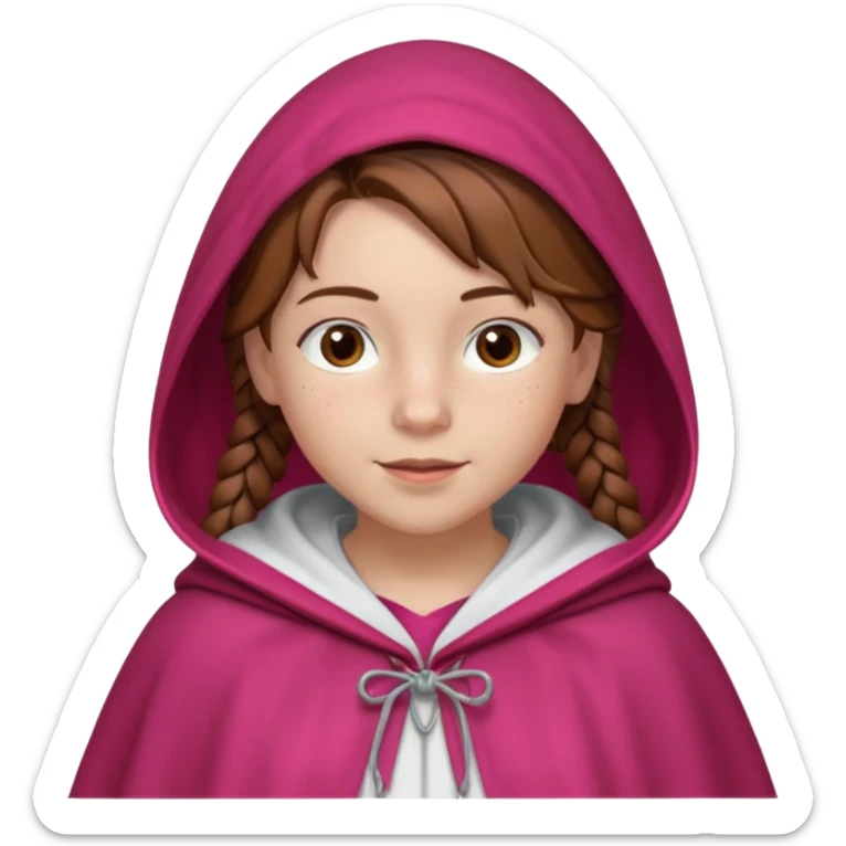 a 12 year old girl with fair skin, freckles, and brown hair done in French braids that come down to her breasts. she has a red hooded cape with the hood drawn. she has big, brown eyes and normal eyebrows. she has a pretty white t-shirt under her cloak. she has a warming smile with pale pink lips sticker