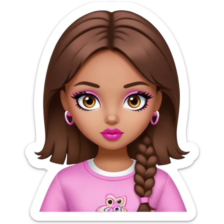 pretty bratz girl, brown hair, dark brown eyes, pink lips, black eyeliner, tan skin, cute y2k clothes sticker