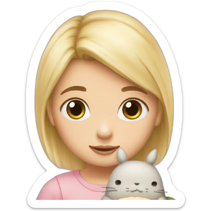 bébé fille blonde avec une peluche Totoro et un croissant  sticker
