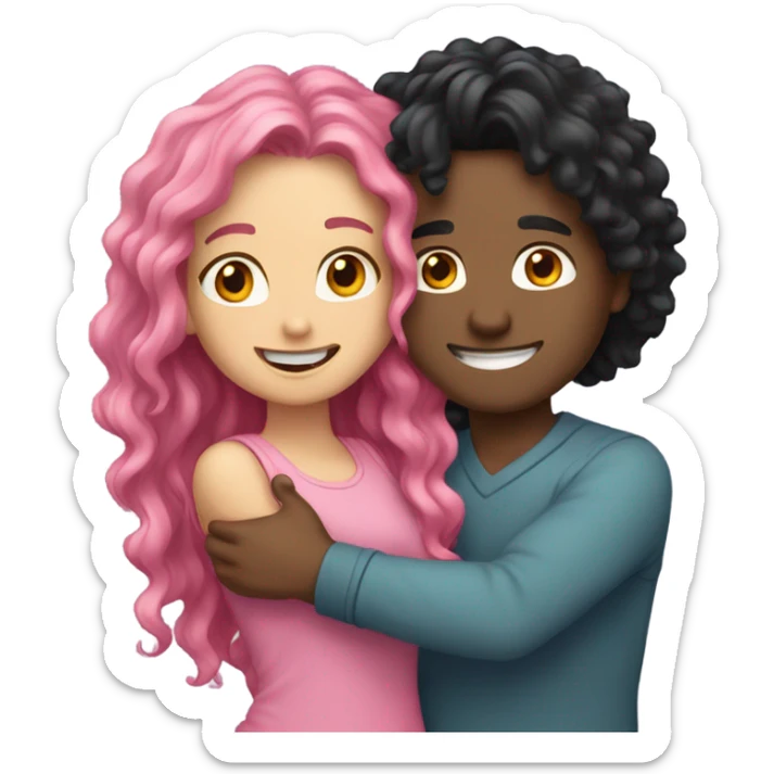 make a guy and a girl, they are hugging, the girl has pink long wavy hair. The guy has black hair and light skin sticker