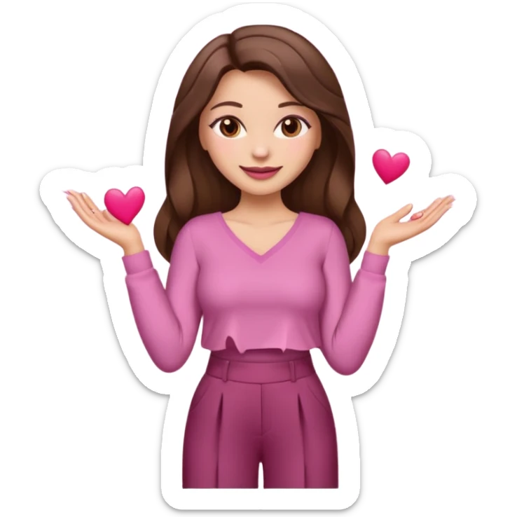  emoji, inspired with brunette hair, brown eyes, long hair, heart shape lips and pink make up  and pink nails, mauve pink blush and brown wide leg pants, burgundy shoulder drop shirt, brown heels , princess hair, brown heels  sticker