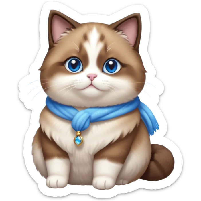 Cinematic Cute Chubby Brown Mantle Snowshoe Cat Portrait Emoji, Round and plump body, soft brown fur draped over its back like a luxurious coat, contrasted by fluffy white paws, chest, and an adorably chubby face, big, sparkling icy-blue eyes, Simplified yet irresistibly adorable features, highly detailed, glowing with a warm, cozy glow, high shine, curious yet calm, stylized with a touch of whimsy, bright and endearing, soft glowing outline, capturing the essence of a mischievous yet lazy and lovable kitty, so cuddly it feels like it could waddle right out of the screen for a snuggle! sticker