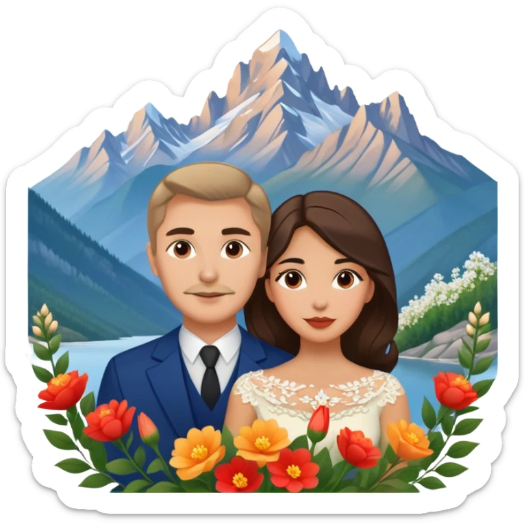 Couple traveling in Montenegro russian man and elegant  Latina girl delicate flowers and mountains in the background  sticker