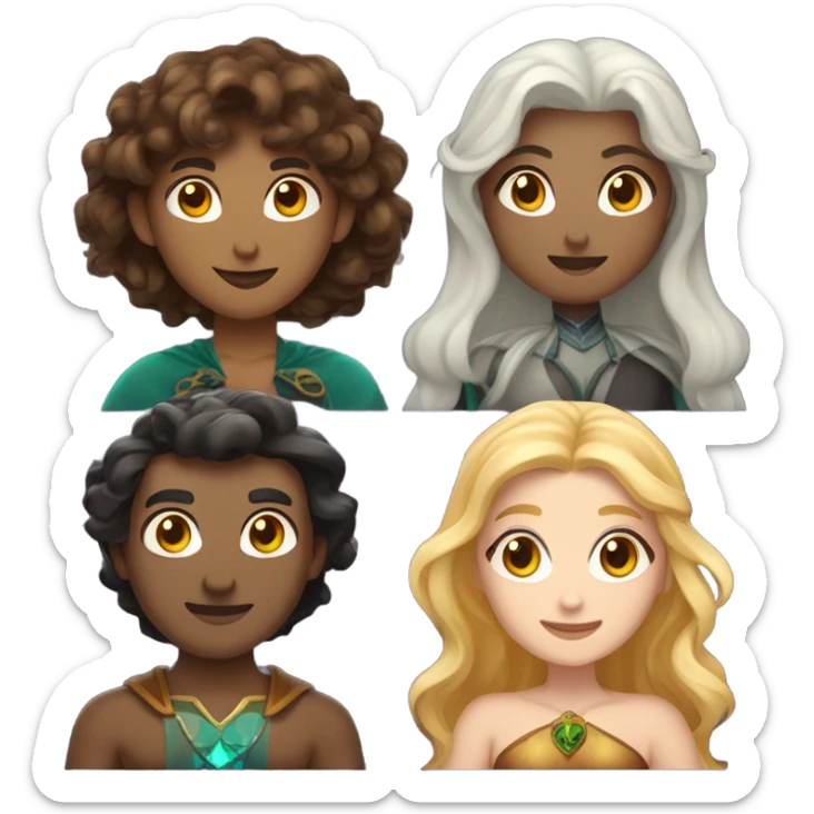 A female witch with light brown hair, a blonde female wizard, an Indian male merman, a female fairy with dark brown hair, shorter than the others, and a female siren with curly brown hair. sticker