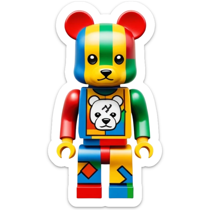 Lego style hustler bearbrick toy figure with X symbols for eyes, blocky Lego aesthetic, graffiti prints sticker