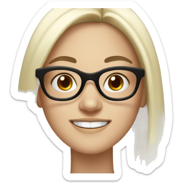 white skin girl smiling, long black hair, black oval glasses sticker