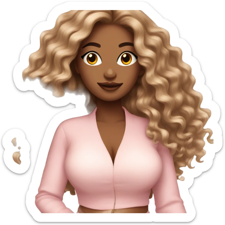 beauty influencer with long textured hair, curvaceous body and light pink clothing sticker