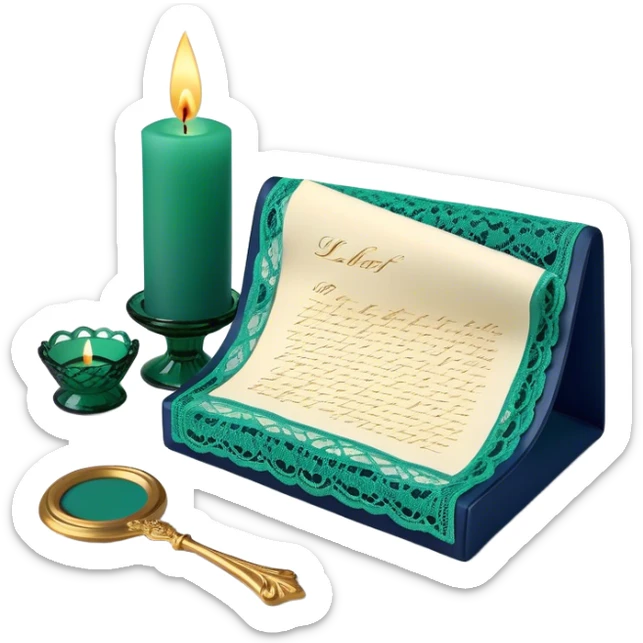 A nostalgic still life of a lace-adorned love letter in deep green, placed beside a vintage glass candle in navy blue. sticker