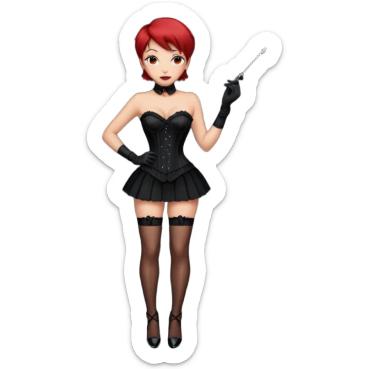 Mistress red short hair long black gloves small skirt black stockings high heels italian girl sexy black corset sticker
