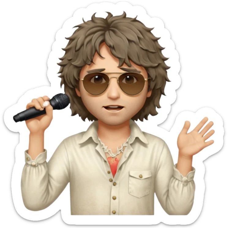 cinematic realistic - messy, shaggy aged Jim Morrison in an ivory Victorian shirt, singing in a trance on stage, wearing Ray Ban sunglasses sticker