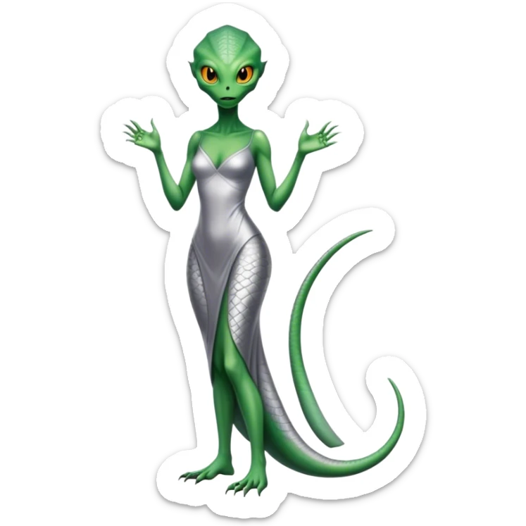 Green Alien reptilian woman without a tail, in silver dress, full figure, yellow eyes sticker