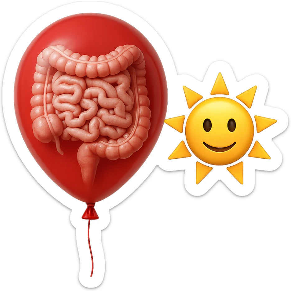intestino umano anatomico chiuso in un palloncino rosso che simboleggia gonfiore, accanto un simbolo di sole stile emoji iphone che simboleggia "gonfiori di mattina", iperrealistico 4k sticker