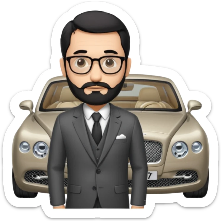 Professor Bentley Dyed black gray hair  frencb beard graying indian guy in suit with a bentley car. Older look with glasses slight balding sticker