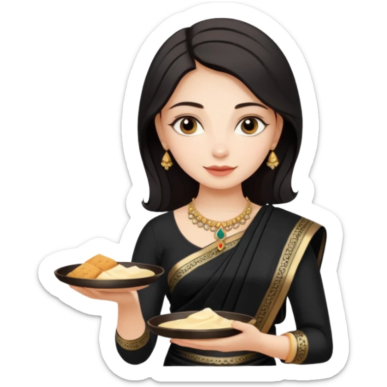 Russian girl in Indian black saree with full image from head to leg and holding a cream colour small tray in her both hands sticker