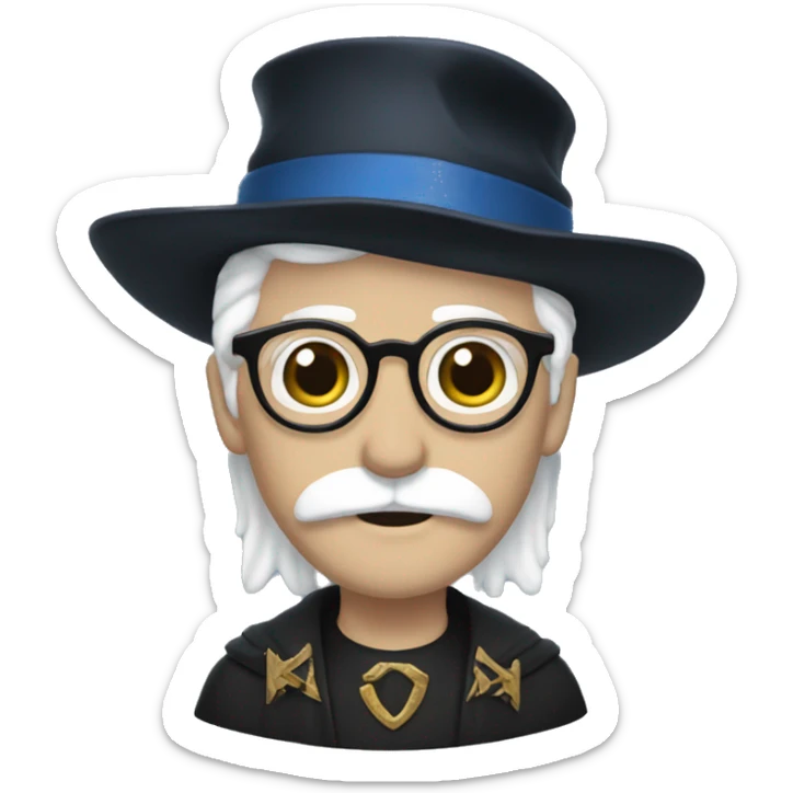 man with white skin,hair is straight and black, a black mustache, glasses, with a magic hat, ravenclaw sticker
