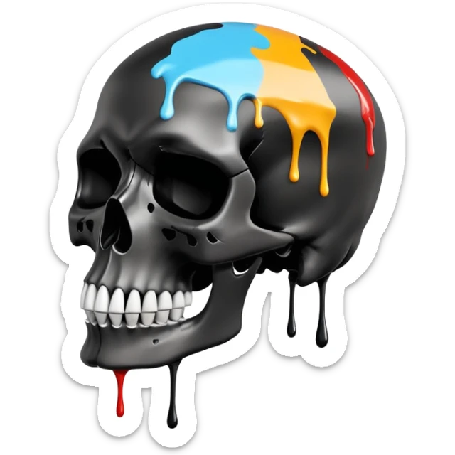 smooth black skull with street art colors and brand logos painted within the skull's surface, minimal paint drips that don't extend past skull outline, angled view sticker