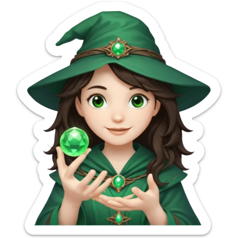A teen brunette mage with tousled hair, holding a tiny glowing orb and smiling confidently. sticker