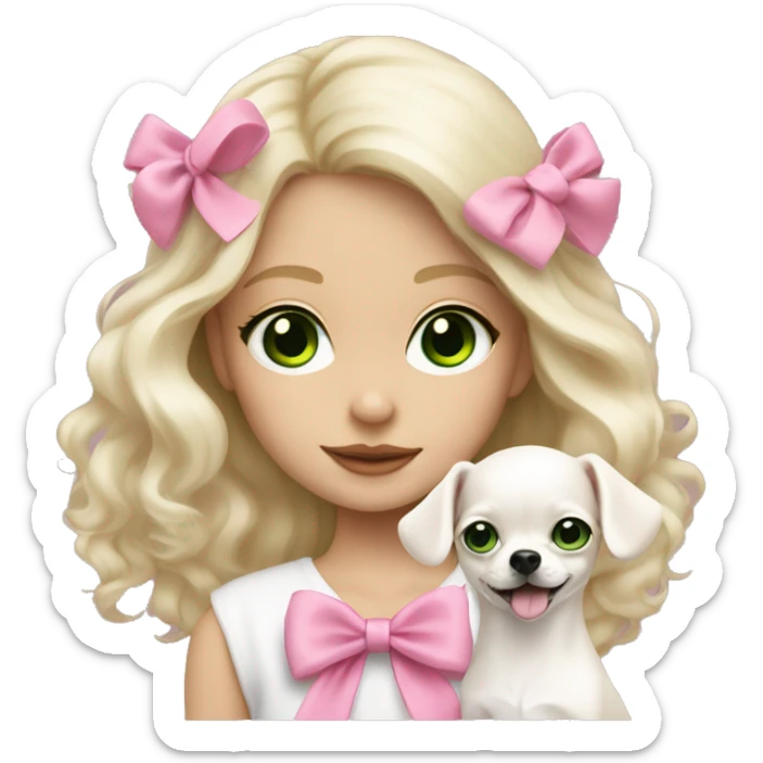 pale blond girl with wavy long platinum hair with green eyes holding a white chihuahua puppy that wearing a pink bow sticker