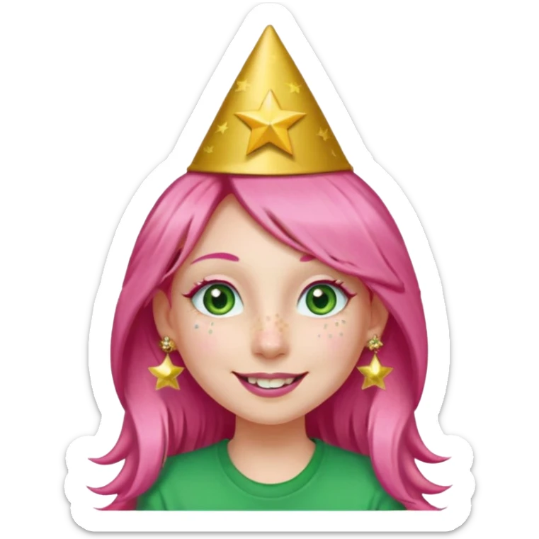 A girl with long pink hair and green eyes with long eyelashes and a smiley face. She has freckles and a lit of bit of pink lipstick on her mouth, she’s also got a full gold birthday party hat on her head with gold pom poms on top of it, and her T-shirt is all red, she wore gold star earrings  sticker