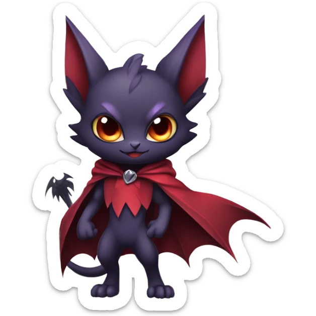  Black Red Purple Chibi Kawaii Edgy Cool Cute Vampiric Demonic Beautiful Noivern-Nargacuga-Litten with big Bat Ears and wearing a cape and collar full body sticker