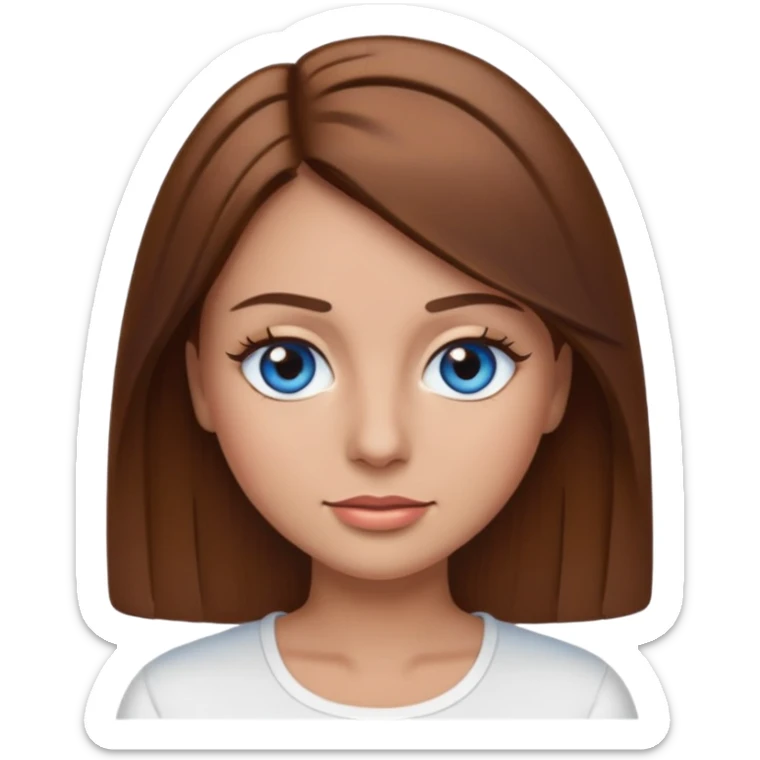 make a woman emoji with pin straight long brown hair and blue eyes with pretty eyelashes wearing a white top latina baddie sticker