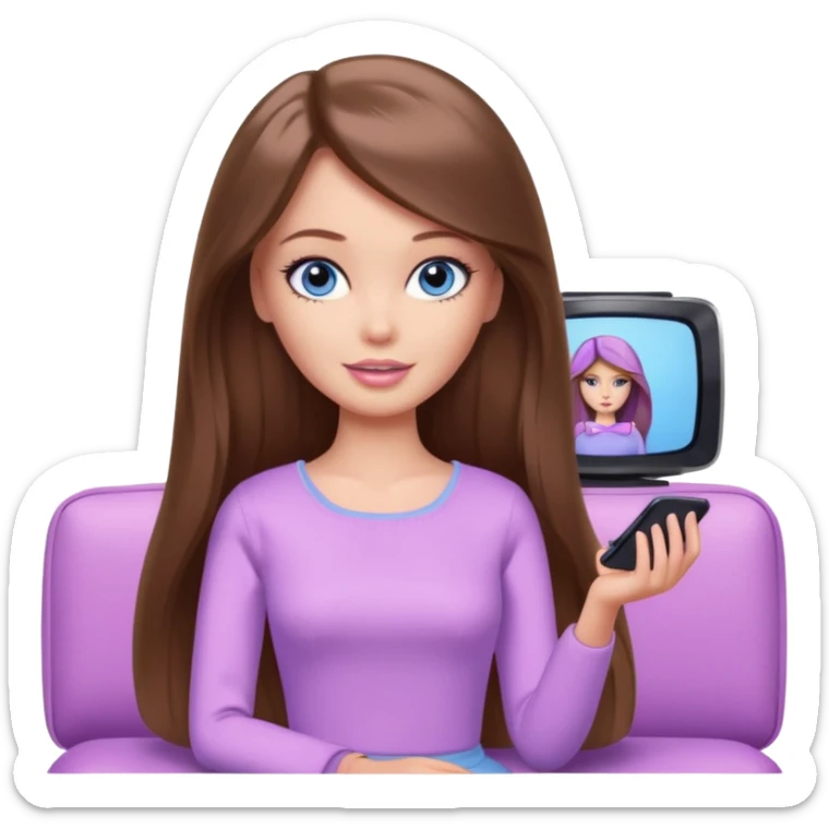 beautiful barbie girl with long brown hair, blue eyes and wearing light purple clothes watching tv shows sticker