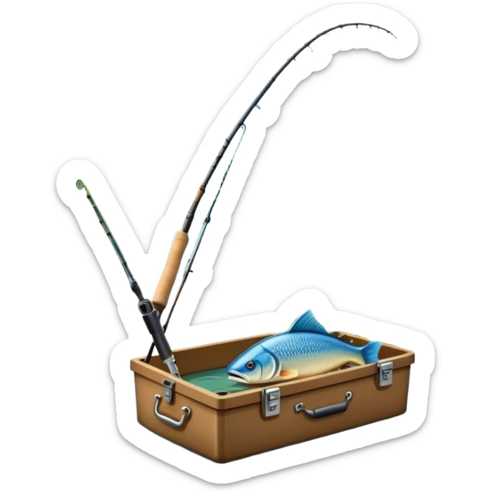 Icon for Fishing Travel: a boat on a calm lake surrounded by mountains and lush greenery, with fish jumping out of the water, a fishing rod, tackle box. The icon should capture the peaceful and adventurous nature of fishing trips. Transparent background. sticker