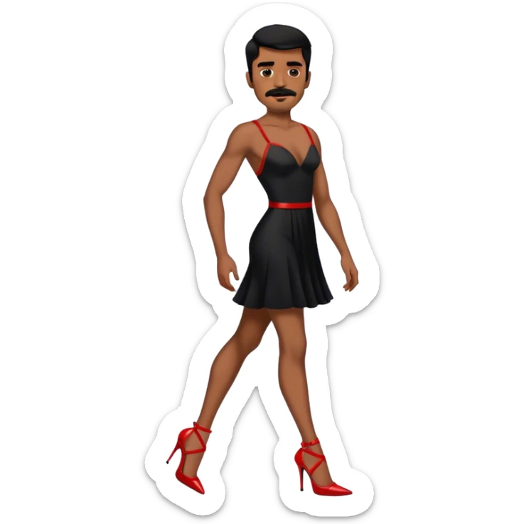 Man in a black dress and red strappy high heels with black hair and black mustache and brown skin sticker