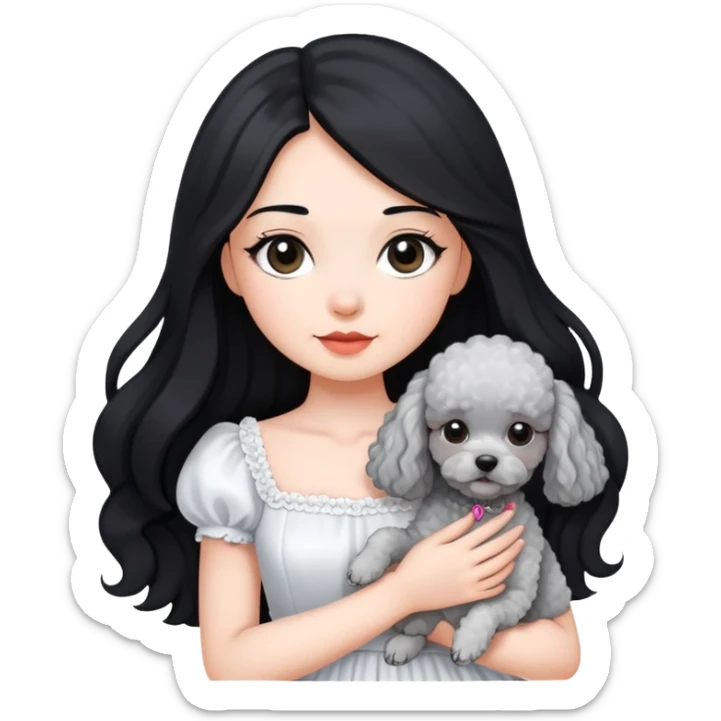 beautiful girl with long black hair in a white dress holding a small gray poodle sticker