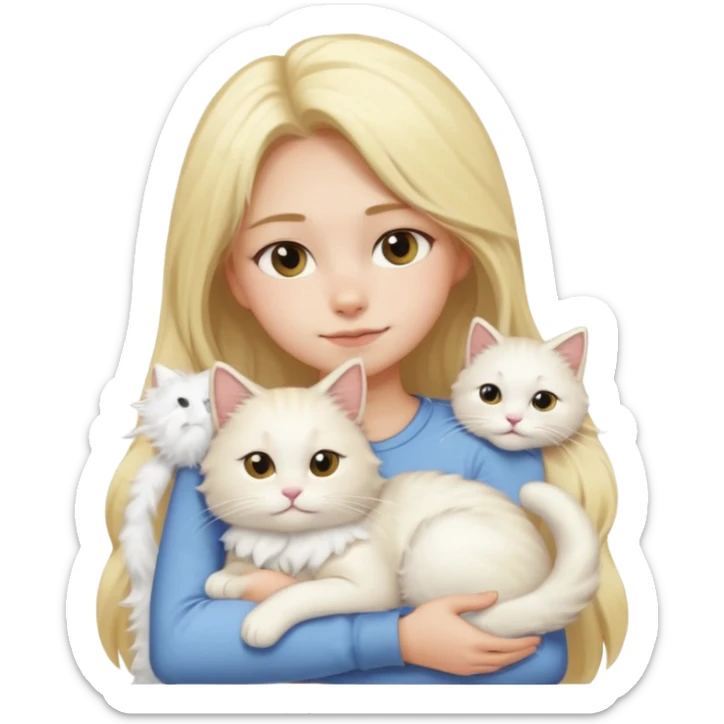 a girl with long blonde hair and a white fluffy cat lying on her left shoulder and neck, emoji style, suitable for Discord and Slack sharing sticker