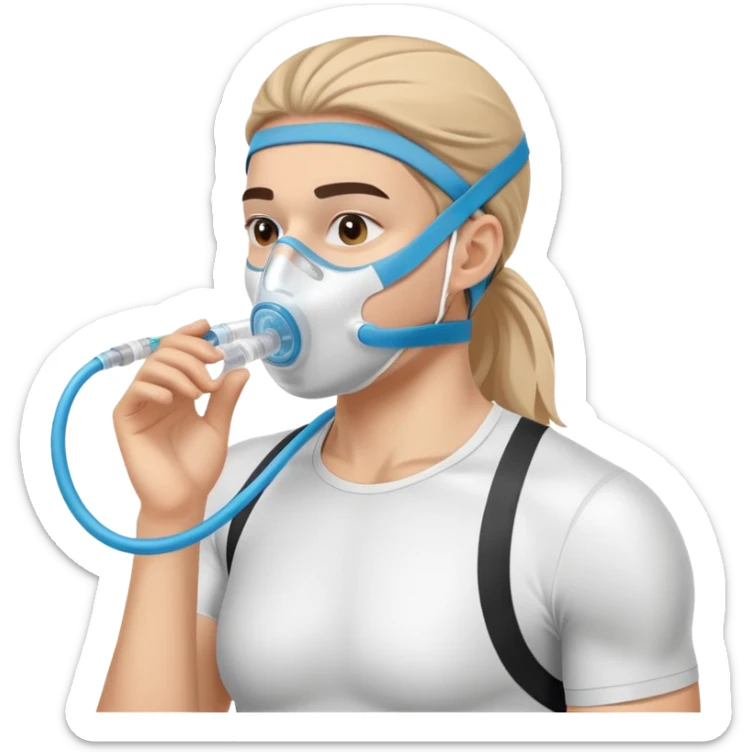 Athlete wearing VO2 max testing mask covering nose and mouth, with tubing connected to measurement equipment sticker