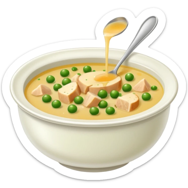 A bowl of soup made with chicken broth, peas, chives, and Parmesan cheese sticker