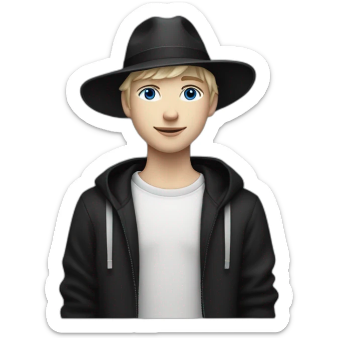 Smirking neutral white teenager, blue eyes, with short blond hair wearing a black fedora hat, and a black adidas long sleeve sweater sticker