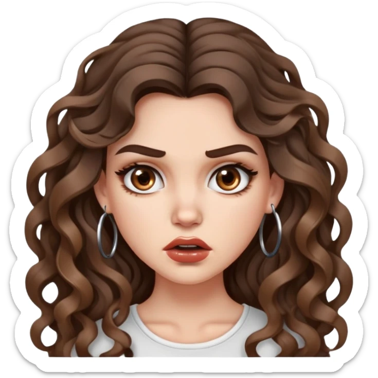 cute girl with not volominous VERY LONG curly/wavy brunette hair with balayage, brown eyes, full lips, natural clean girl makeup and hoop earrings white girl: ANGRY FACE sticker