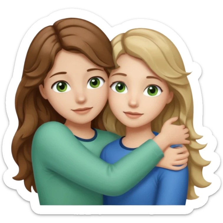 make me and my best friend togheter i have shoulder-lenght brown hair and light brown eyes and she has really long wavy hair blonde/brown hair and green/blue eyes we are hugging or taking a selfie  sticker