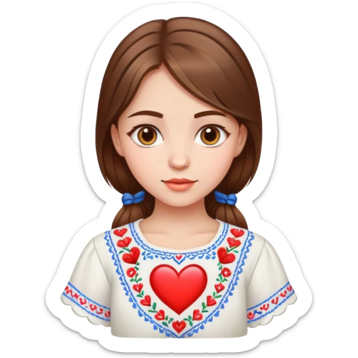 beautiful young girl with brown hair wearing a white Ukrainian embroidered shirt with a big heart design sticker